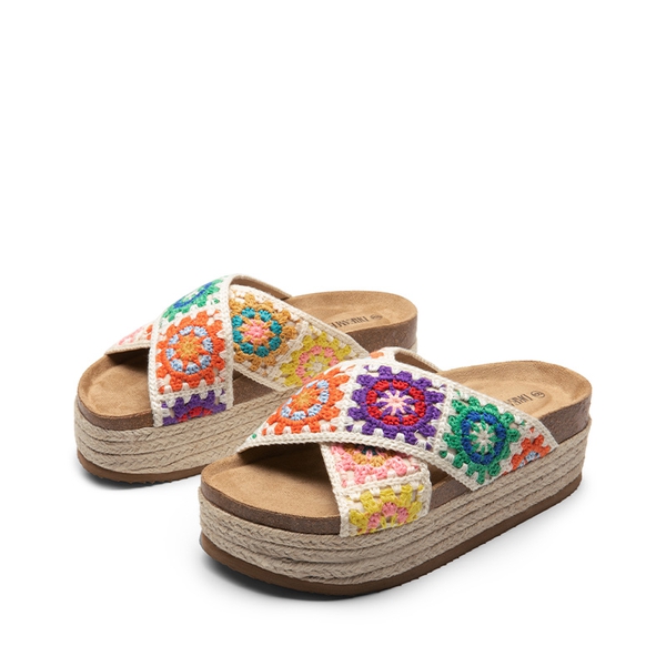 Raffia Flatform Flat Sandals - CREAM MULTI - 5